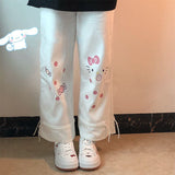 Wenkouban Kawaii Cartoon Print White Wide Leg Pants Women Korean Fashion Cute Oversize Loose Trousers For Female Soft Girl Pink 2022