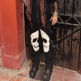 Wenkouban Skull Patterned Low Rise Jeans Streetwear Women Clothing Black Denim Trousers Cyber Y2k Aesthetic Goth Pants