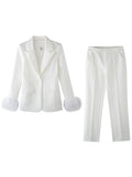 Wenkouban Women Pants Suits Vintage Office Ostrich Feather Fur Top Blazer Jackets Party Formal Coat+ Staight Trousers 2 Piece Sets