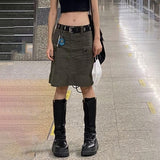 Wenkouban Y2K Grey Cargo Skirts Pockets Low Waisted Grunge Fashion Streetwear Straight Skirts Aesthetic Korean Outfits Chic New