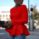 Wenkouban Long Sleeve White Ruffle Hem T-Shirt Autumn Women Tops Office Lady Winter Casual Peplum Tops Elegant Black Red Female New Tees