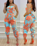 Wenkouban Jumpsuit Long Women's, Elegant, Butterfly Print Crisscross Lace Up Details Backless Jumpsuit