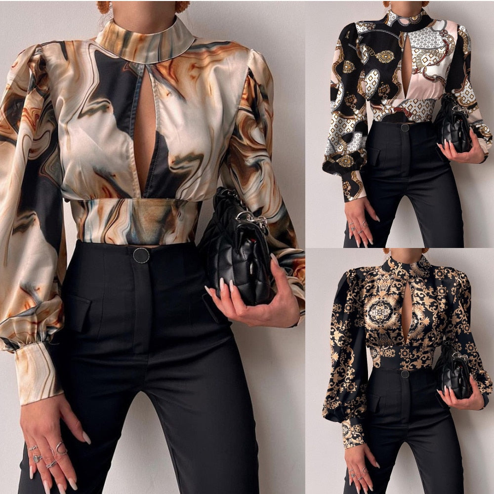 Wenkouban 2022 Spring Women's Blouse Short Sexy Backless Printed Hollow Out Lantern Long Sleeve Top Female Fashion Elegant Tops Ladies