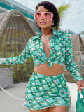 Wenkouban Diamond Print Women 2 Piece Set Single Breasted Long Sleeve Crop Top+Skinny Mini Hip Skirts Vacation Beach Streetwear