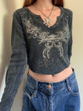 Wenkouban Graphic Print Retro  Crop Tshirts Vintage Harajuku Grunge  Clothes Aesthetic 90S V-Neck Autumn Tops