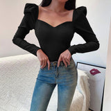 Wenkouban Korean Style Vintage Blouse Women Petal Collar Long Sleeve Sexy Clavicle Ladies Elegant Tops Fashion Casual Daily Base T-Shirt