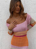 Wenkouban Y2K Off The Shoulder Women Dress 2023 Summer Knit Colored Striped Long Sleeve Female Dresses Elegant Sexy Beach Lady Maxi Robe