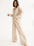 Wenkouban  Khaki Pure Cotton Sleepwear V Neck Single Breasted Wide Leg Pants Trouser Suits Drop Sleeves Set Woman 2 Pieces Loungewear