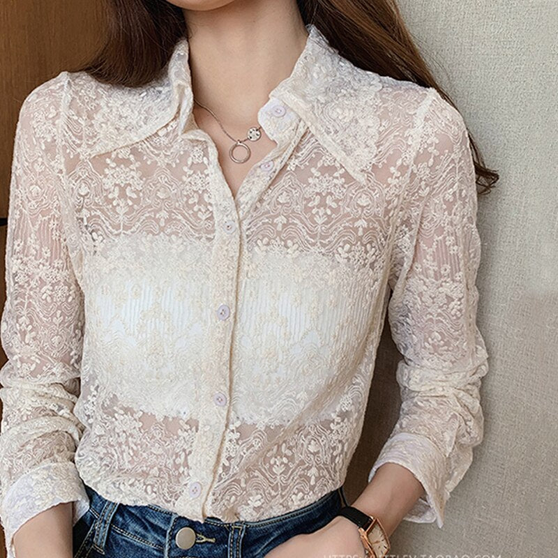 Graduation Gifts   Plus Size Spring Lace Button Shirt New Fashion Chic Floral Embroidery White Blouse Women Long Sleeve Korean Ladies Tops 13125