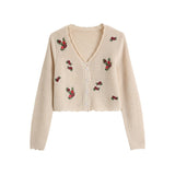 Wenkouban Vintage Embroidery Short Knitted Cardigan Women Crop Top Korean Style V-Neck Long Sleeve Buttons Slim Thin Sweater Coat Female