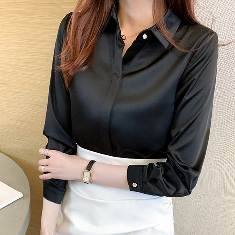 Wenkouban Office Lady Silk Women Shirt Blouse Tops Button Shirts Female Long Sleeve Satin Blouses For Women Clothing Chemise Femme 17276