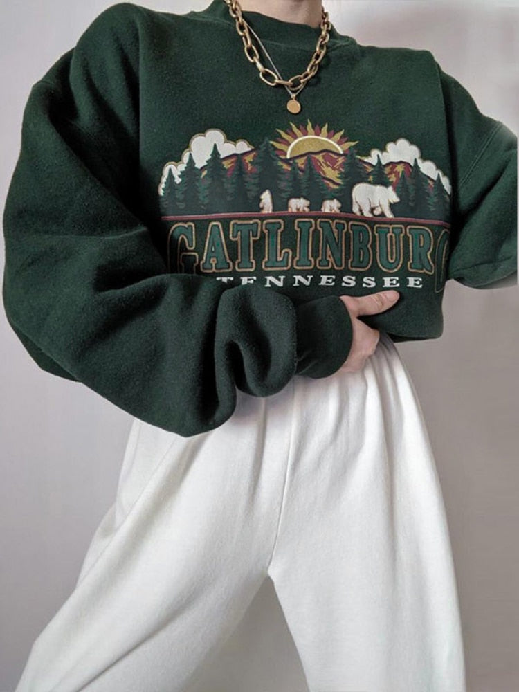 Wenkouban Y2K Vintage Green Women Hoodies Oversize E Girl Aesthetic Print Sweatshirt Autumn 90S Street Pullover Long Sleeve Top