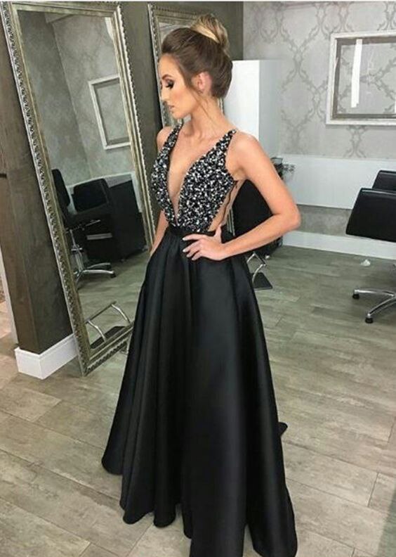 Wenkouban Deep V-Neck Sequined Evening Robe Dress Fashion Elegant Backless Black Long Sweep Train For Women Cocktail Prom Dress