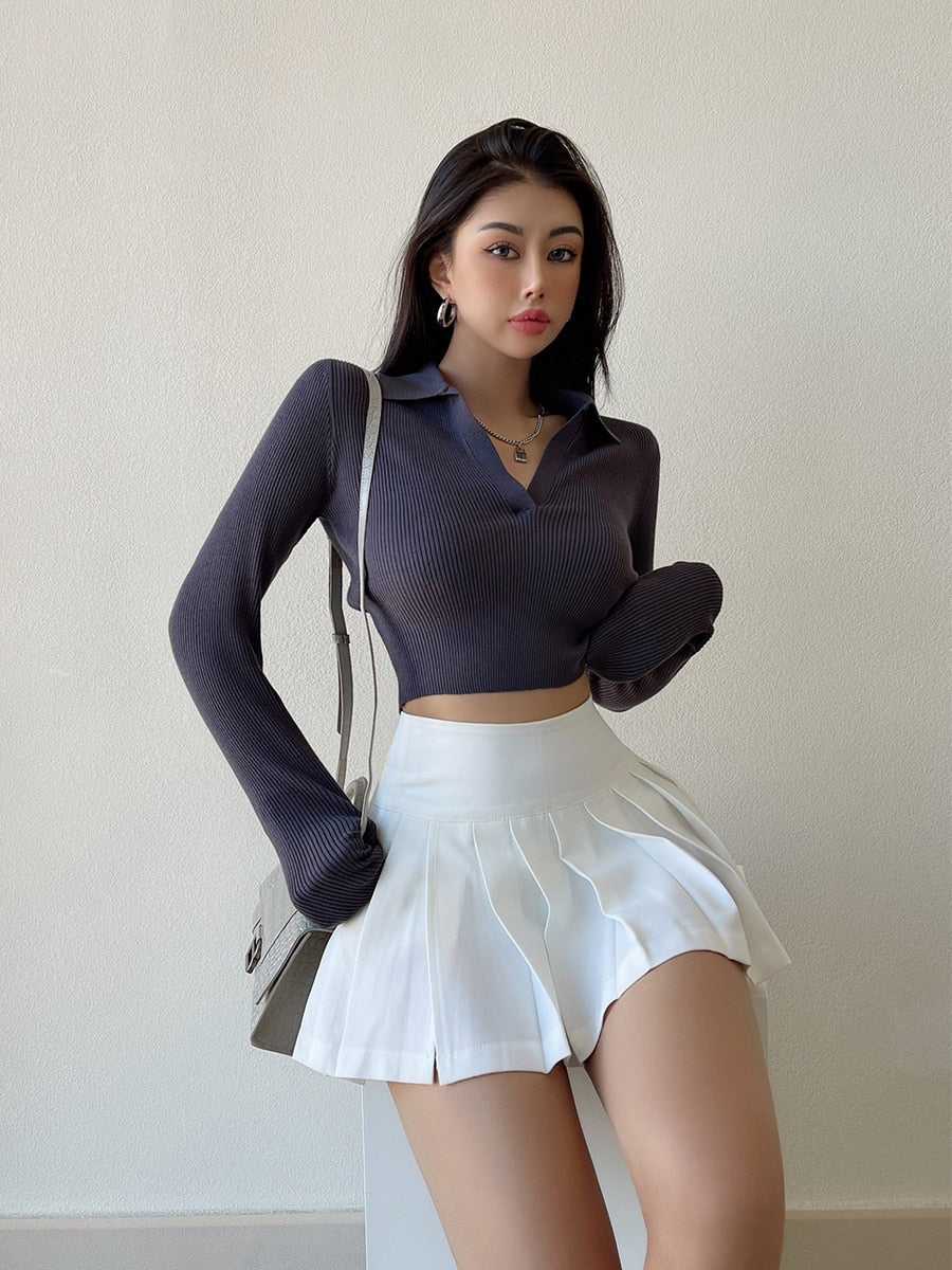 Wenkouban American Spring Autumn Long-Sleeved Solid Color Deep Vneck Tight-Fitting Sexy Navel Knitted Bottoming Top T-Shirt Z9KK