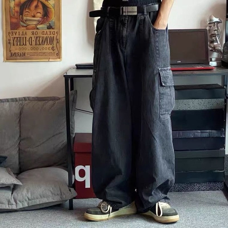Wenkouban Back To School  Baggy Jeans Trousers Male Denim Pants Black Wide Leg Pants Men's Jeans Loose Baggy Casual Korean Streetwear Cargo Jeans