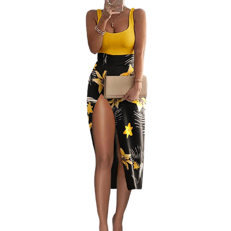 Wenkouban Fashion Women Two Piece Set Party Wear Solid U Neck Tank Top & High Slit Printed Skirt Sets