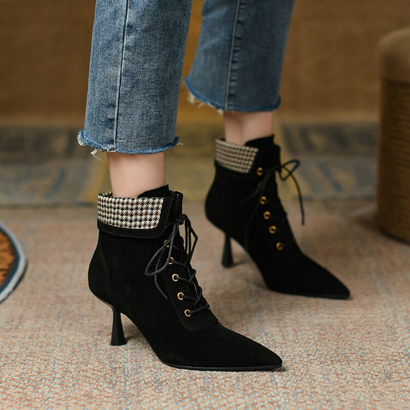 Wenkouban Autumn Boots   NEW Fall Shoes Women Pointed Toe High Heel Shoes Sheep Suede Thin Heel Shoes Plaid Ankle Boots Women Mature Lace-up Modern Boots