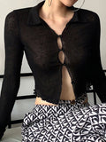 Lace Shirt Women Long Sleeve Crop Top Fall Spring Solid Mesh Top See Through Sexy Streetwear Black Slim Button Up Blouses