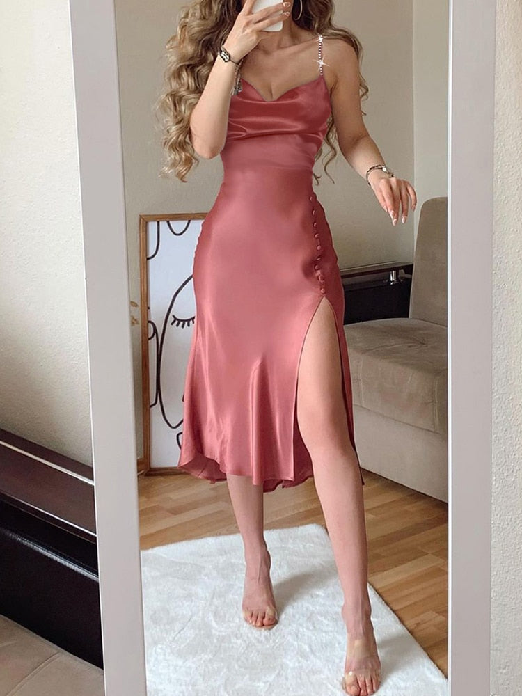 Wenkouban Women Fashion Spaghetti Strap Midi Dress Slip Dress Women Sexy Slim Fit Bodycon High Slit Party Dress