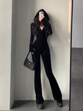 Wenkouban Fashion Black Velvet Slim Hooded Zipper Long Sleeve Flare Pants Jumpsuit Rompers Korean Sexy Hot Tops 2023