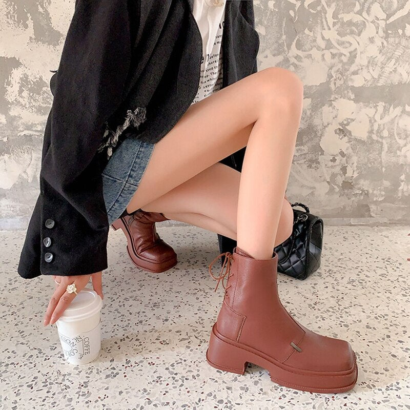 Wenkouban  fashion inspo    NEW Fall Shoes Women Genuine Leather Boots Round Toe Chunky Boots for Women Casual Platform Boots Solid Zipper Ankle Boots Women