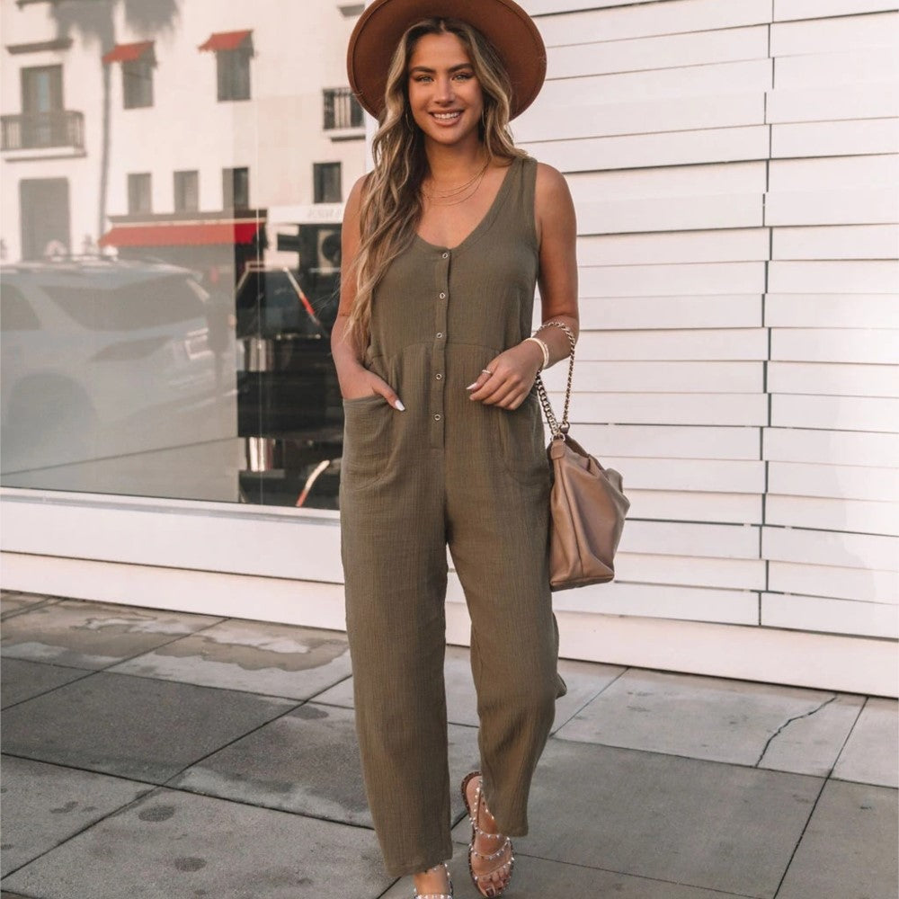 Graduation Gifts 2022 Speing Summer New Fashion Casual Ladies Botton Pocket Jumpsuit Solid Sleeveless High Waist Loose Women's One-piece Pants