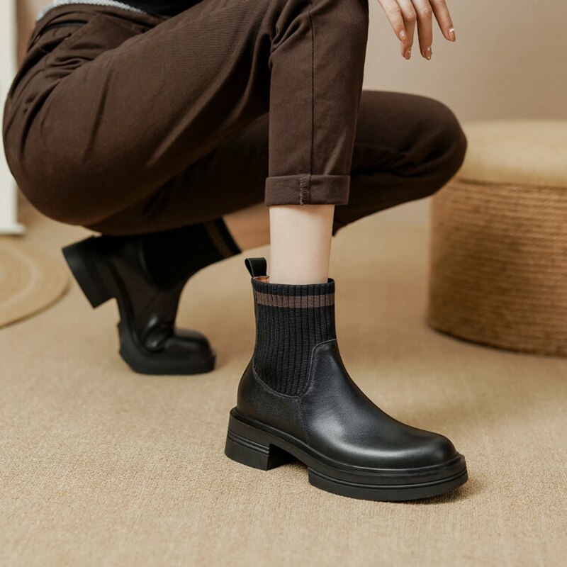 Wenkouban  fashion inspo    Autumn Women Ankle Boots Round Toe Chunky Heel Boots Women Genuine leather Shoes Women Slip-on Black Boots Winter Shoes Women