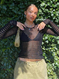 Wenkouban Sexy Women Top Knit See-Through Backless Fishnet Y2K Summer Black Vintage Smock Outfits Beach Style Chic Fashion Hollow Out Tees