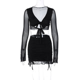 BACK TO COLLEGE     Autumn Woman Outfit Long Sleeve Bandage Cropped Tops and Shirring Package Hip Mini Skirts Two Pieces Night Club Dress Sets
