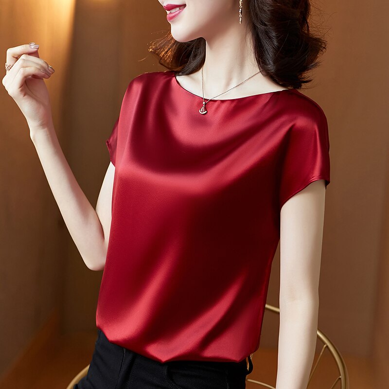 Graduation Gifts  Office Lady Tops Summer Short Sleeve Blouses Satin Blouse Women Shirts Fashion Simple Solid Plus Size Loose Shirt Blusas