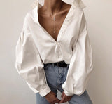 Wenkouban Casual Vintage Button White Blouse Women Lantern Sleeve Oversized Loose Women Shirt Cotton Office Ladies Tops Blusas