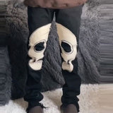 Wenkouban Skull Patterned Low Rise Jeans Streetwear Women Clothing Black Denim Trousers Cyber Y2k Aesthetic Goth Pants