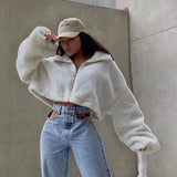 Wenkouban 2023 Autumn Winter Women Teddy Lambswool Zipper Long Sleeve Sweatshirt Jacket Crop Top Warm Coat Streetwear Casual Loose