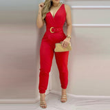 Back to School Women Fashion Elegant Sleeveless Partywear Jumpsuits Formal Office Lady Workwear Casual V Neck Belted Jumpsuit