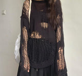 Wenkouban Gothic Hollow Out Sweater Hole See Through Oversized Knitted Pullovers Emo Streetwear Grunge Clothes Y2k Tops Spring