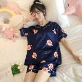 Wenkouban Pajamas Women's Summer Silk V-Neck Short-Sleeved Two-Piece Suit Students Sweet And Cute Ice Silk Home Clothes Women