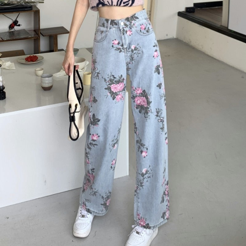 Wenkouban 2022 Spring Fashion Women Rose Print Jeans Women Design Loose High Waist Straight Wide Leg Pants