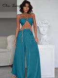 Wenkouban Chain Halter Crop Top Pants Two Piece Set Women Backless Strapless Tube Tops Sets Long Wide Leg Pant Sexy Vacation Suit
