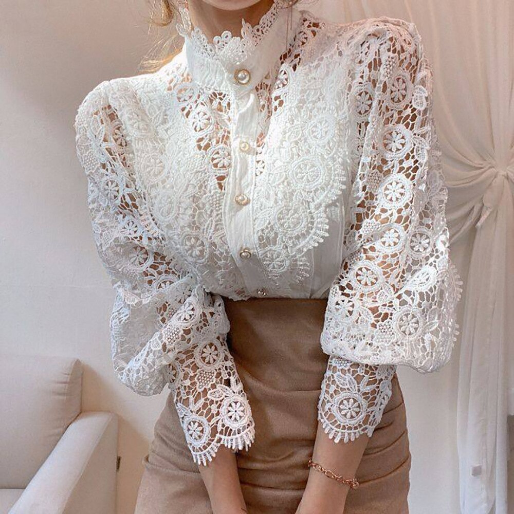 Wenkouban    Graduation Gifts 2023 Spring White Vintage Button Shirts Women  Lace Patchwork Hollow Out Shirt Blouse Long Sleeve O-Neck Mesh Design Tops