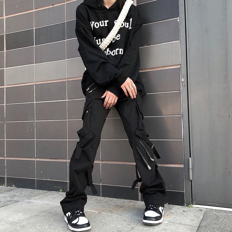 Wenkouban Back To School  Hip Hop Cargo Pants Men Fashion Punk Pants Zipper Hippie Black Cargo Trousers Streetwear Harajuku Gothic Mall Goth Pants