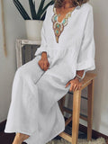 Wenkouban Casual Ethnic Summer Dress Women Loose Cotton Linen Long Dress Long Sleeve V Neck White Beach Dress Retro Solid Large-Wing Dress