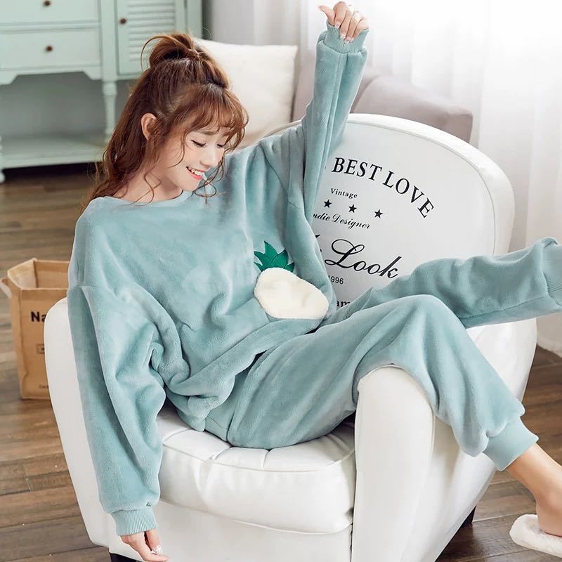 Wenkouban Winter Warm Flannel Women Pyjamas Sets Thick Coral Velvet Long Sleeve Cartoon Sleepwear Thin Flannel Pajamas Set Sleep Wear