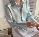 Wenkouban Fashion New Satin Blouse Women Long Sleeve Women Shirt Tops Casual Office Button Shirt Turn Down Collar White Shirts Blusa 17823
