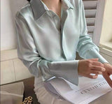 Wenkouban Graduation Gifts Fashion New Satin Blouse Women Long Sleeve Women Shirt Tops Casual Office Button Shirt Turn Down Collar White Shirts Blusa