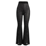 Graduation Gifts  Sparkly Rhinestone Black Mesh Sexy Flare Pants Streetwear Rave Bottoms See Through Beach Bell Bottom Pants C66-BE16