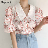 Graduation Gifts   Korean Vintage Print Shirt Women Summer Puff Sleeve Floral Blouse Women 2022 Fashion Embroidery Blouses Tops Blusas Mujer 15343