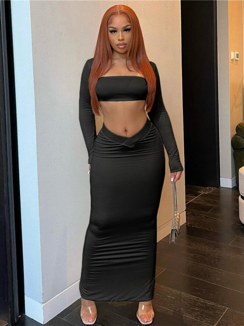 BACK TO COLLEGE    Fashion Women's 2 Piece Set Square Collar Long Sleeve Cropped T-shirt Low Waist Skirts Night Club Outfit Party Dress Suit Black