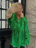 Wenkouban Glitter Dress Long Sleeve Party Dresses Sequin Dress Women Y2K Solid Shirt Dress Green V Neck Mini Dress Club Fall Winter Dress