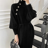 Wenkouban Winter Turtleneck Buttons Women Knitted Dress Elegant Full Sleeve Lace-up Female Thicken Long Sweater Dress For New Year 2022