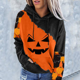 Wenkouban Halloween Hoodies Casual Sweatshirts For Womens Pumpkin Face Printing Patchwork Hoodie Halloween Fashion Long Sleeve Casual Drawstring Sweatshirts